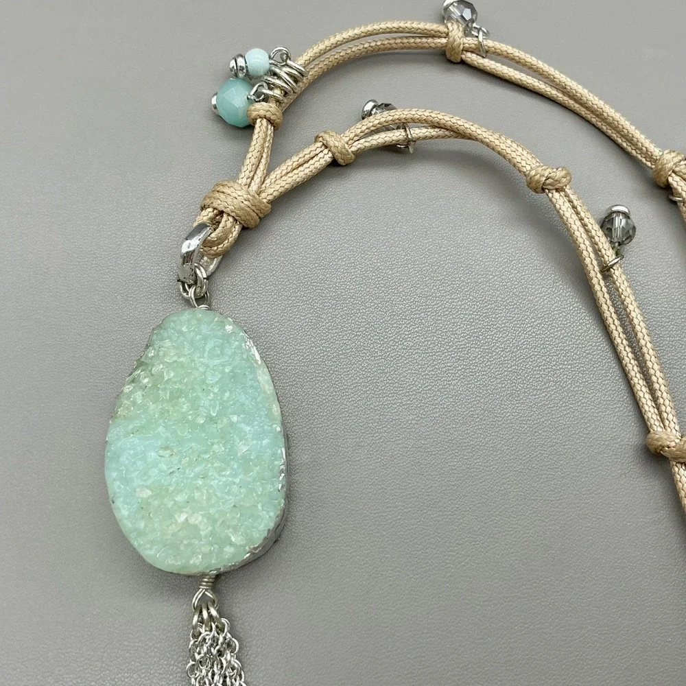 Chico's Necklace Mint Green Faux Druzy Tassel Beige Cord Silver Tone Boho 36
